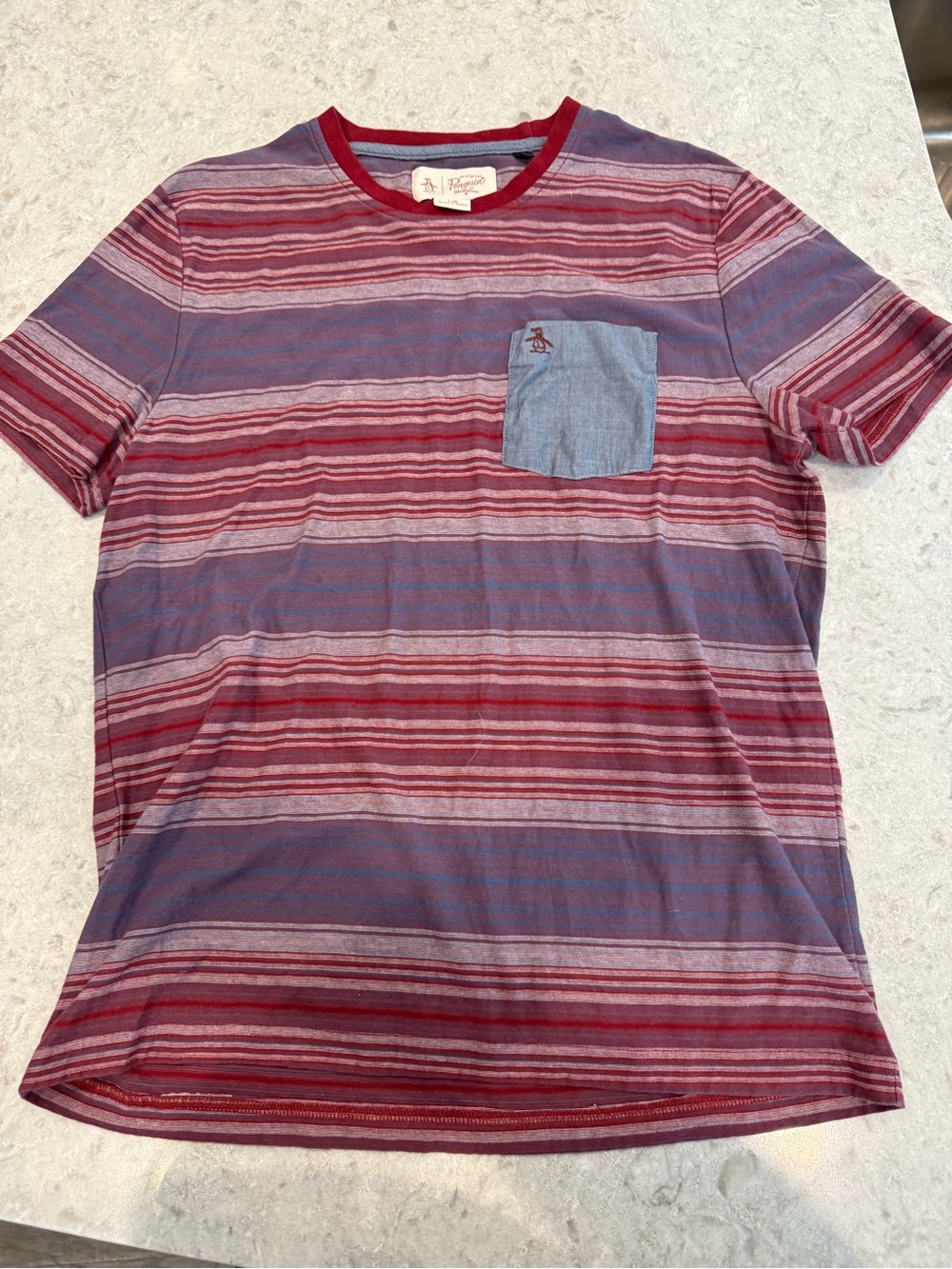 Original Penguin Men's Red and Blue Striped Pocket Tee
